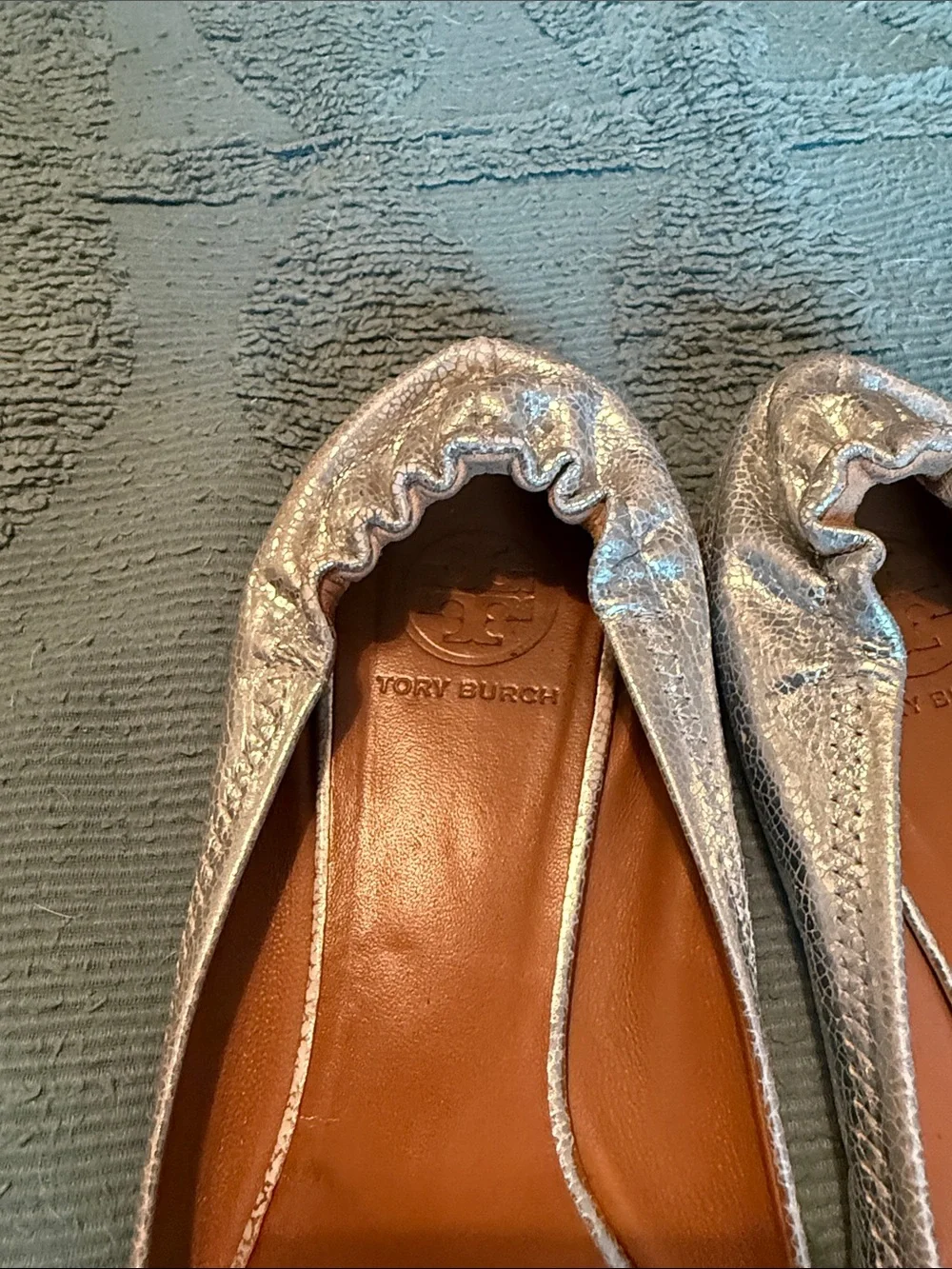 Tory Burch Metallic Silver Riva Logo Ballet Flats